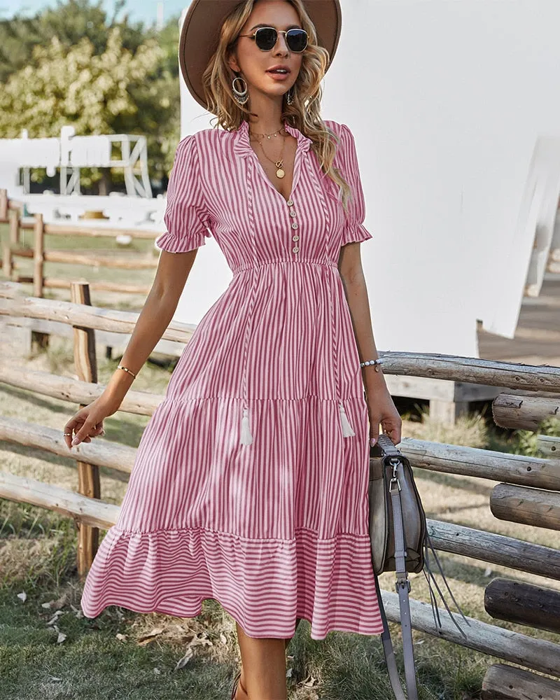 Women's Striped Lantern Sleeve Summer Causal V-neck Dress