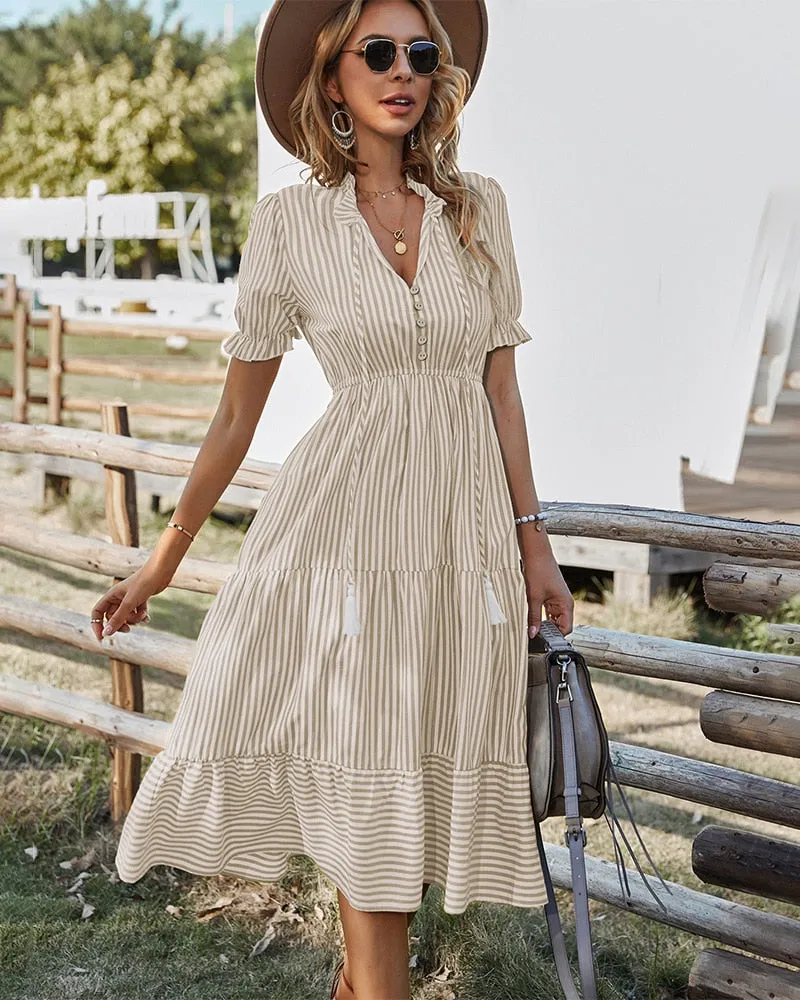 Women's Striped Lantern Sleeve Summer Causal V-neck Dress