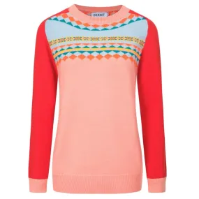 Women's vintage pink jacquard shoulder sweater