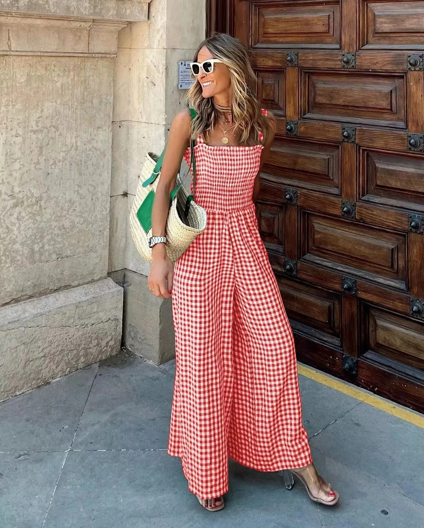 Y2K Vintage Plaid Full Jumpsuit Women Summer Sleeveless Wide Leg Pants Casual Streetwear Rompers Elegant Office Ladies Overalls