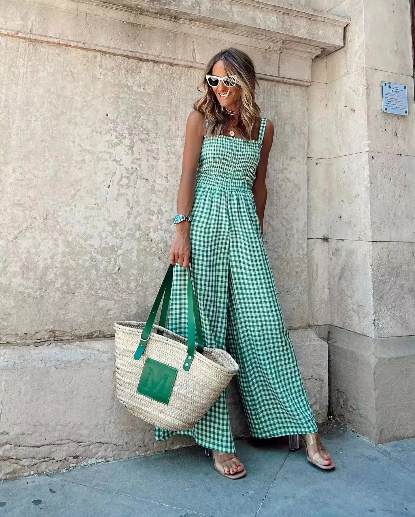 Y2K Vintage Plaid Full Jumpsuit Women Summer Sleeveless Wide Leg Pants Casual Streetwear Rompers Elegant Office Ladies Overalls