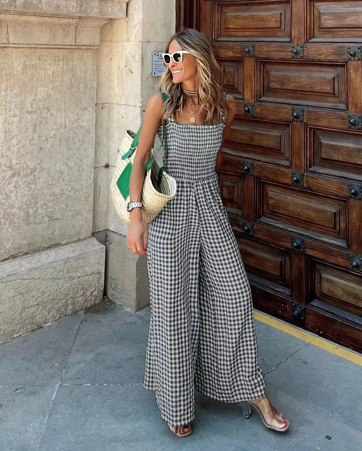 Y2K Vintage Plaid Full Jumpsuit Women Summer Sleeveless Wide Leg Pants Casual Streetwear Rompers Elegant Office Ladies Overalls